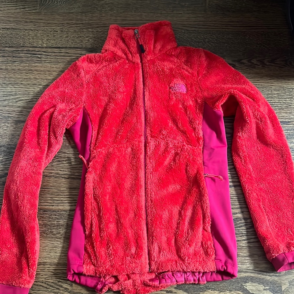 Womens size small fluffy zip up in pink and red
